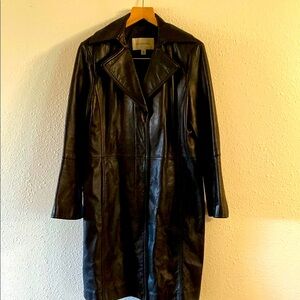 Enzo Angiolini Black Leather long Pimp Coat Womens Large extended lapels X